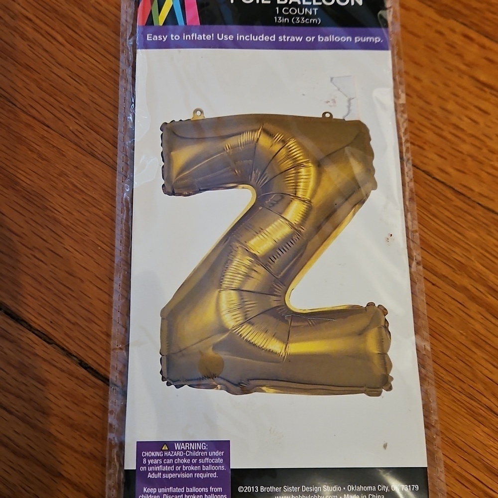 Gold Foil Balloon - Letter Z, NWT